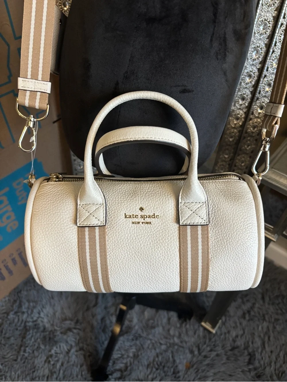 💕Kate spade Rosie Pebbled Leather Barrel Bag with Stripe Strap